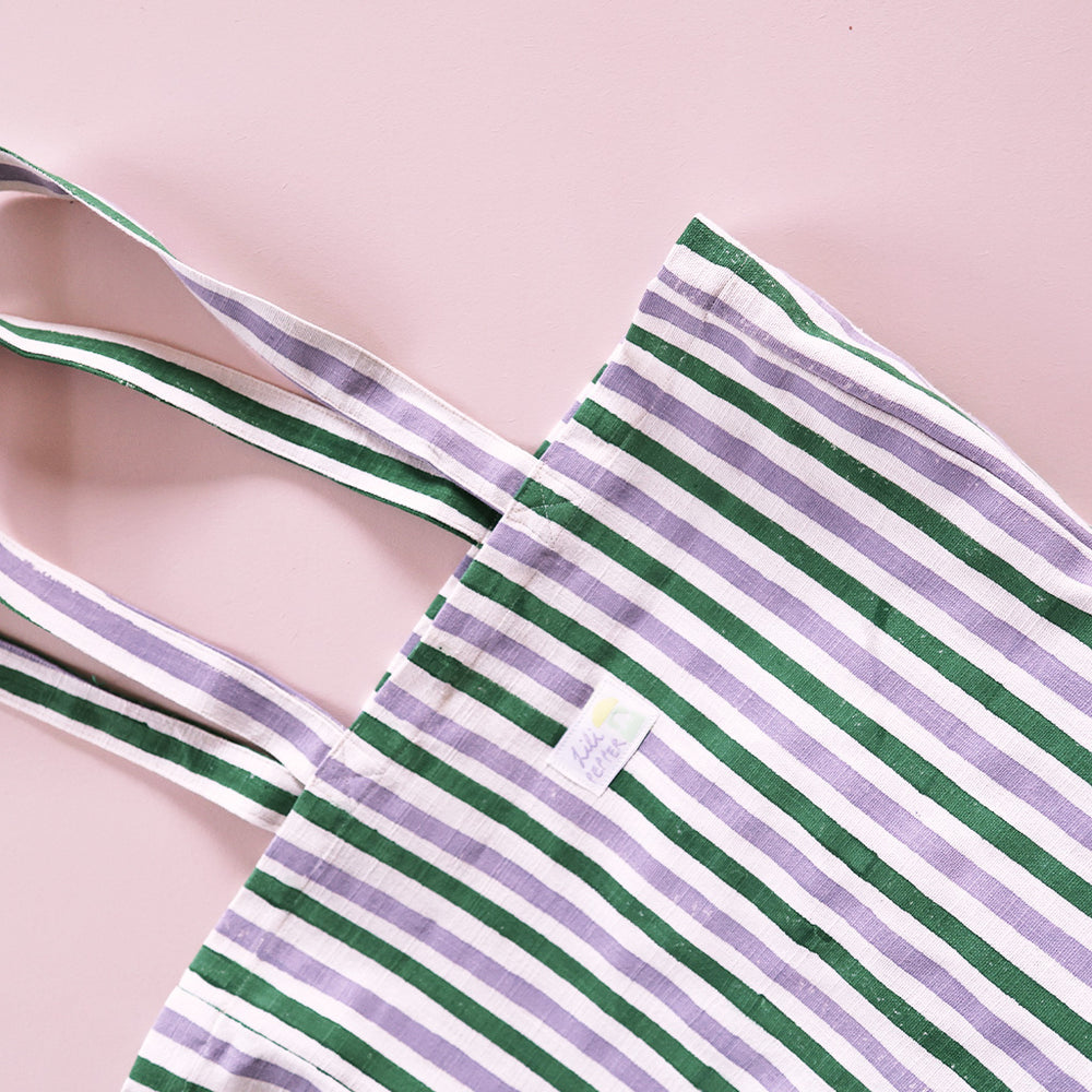 Tote bag imprimé à la main rayures vert lavande