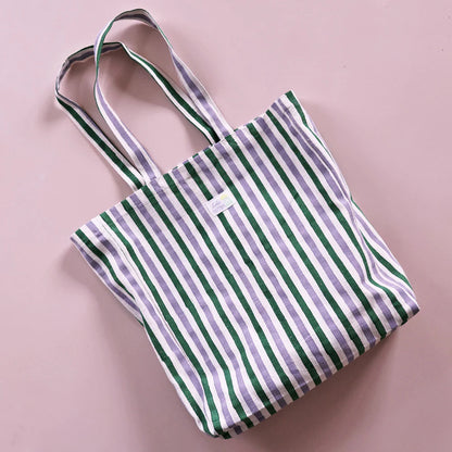 Tote bag imprimé à la main rayures vert lavande