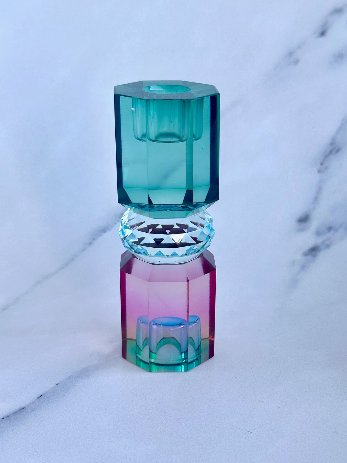 Bougeoir cristal bleu-vert menthe rose ombré